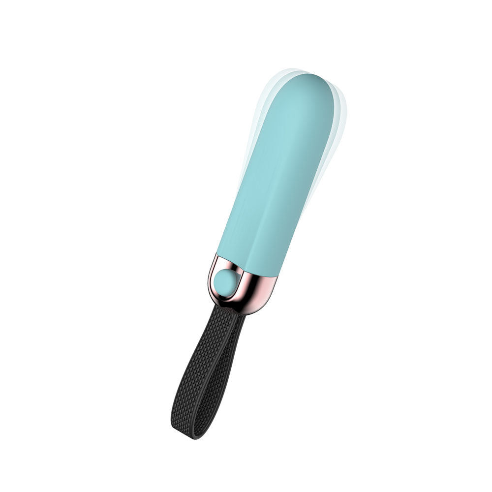 Passion Play Vibrating Bullet in Blue with motion blur at the tip, black wrist strap attached