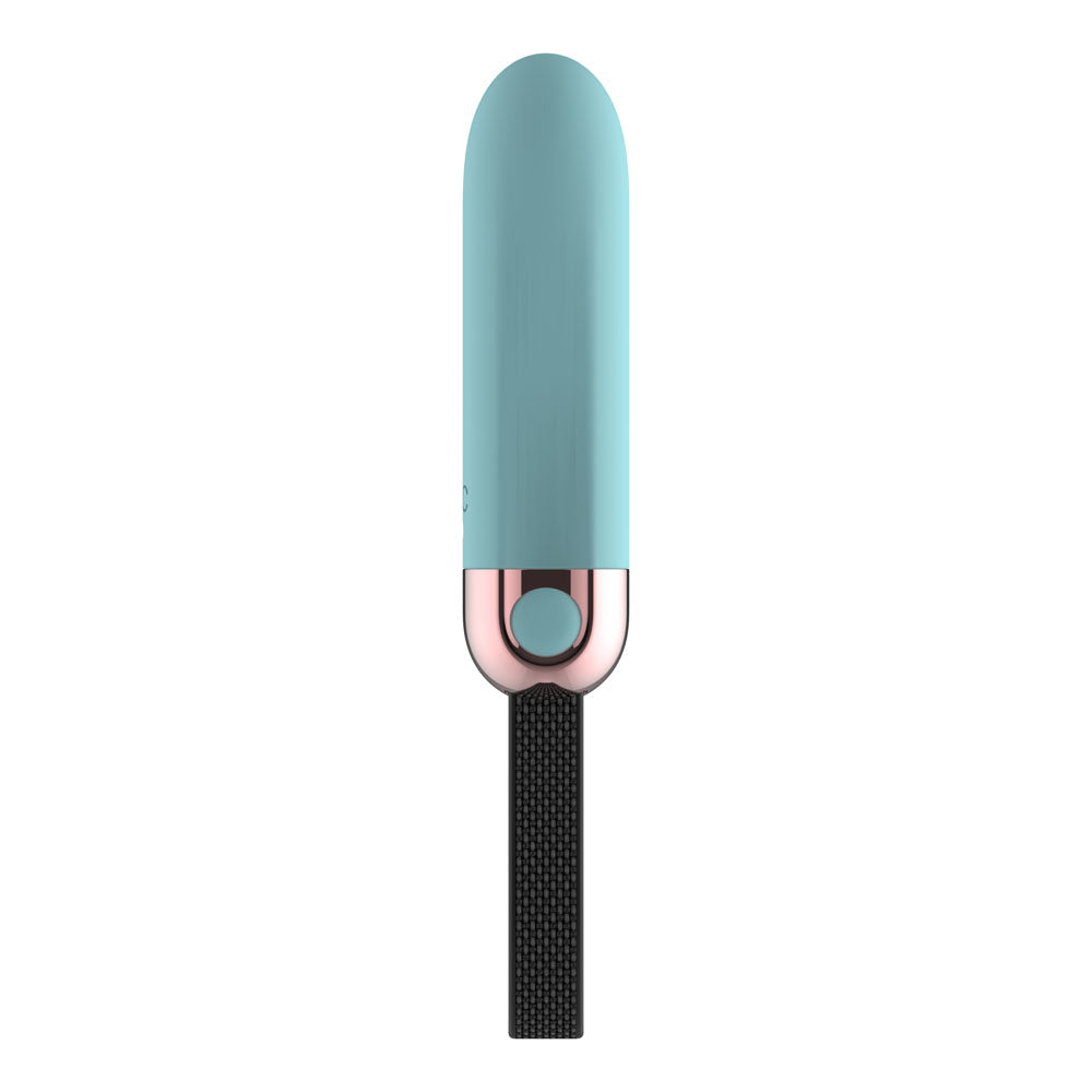 Passion Play Vibrating Bullet in Blue upright, rose gold collar and black wrist strap below