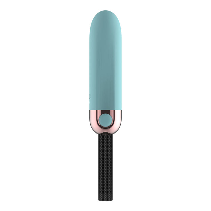 Passion Play Vibrating Bullet in Blue upright, rose gold collar and black wrist strap below