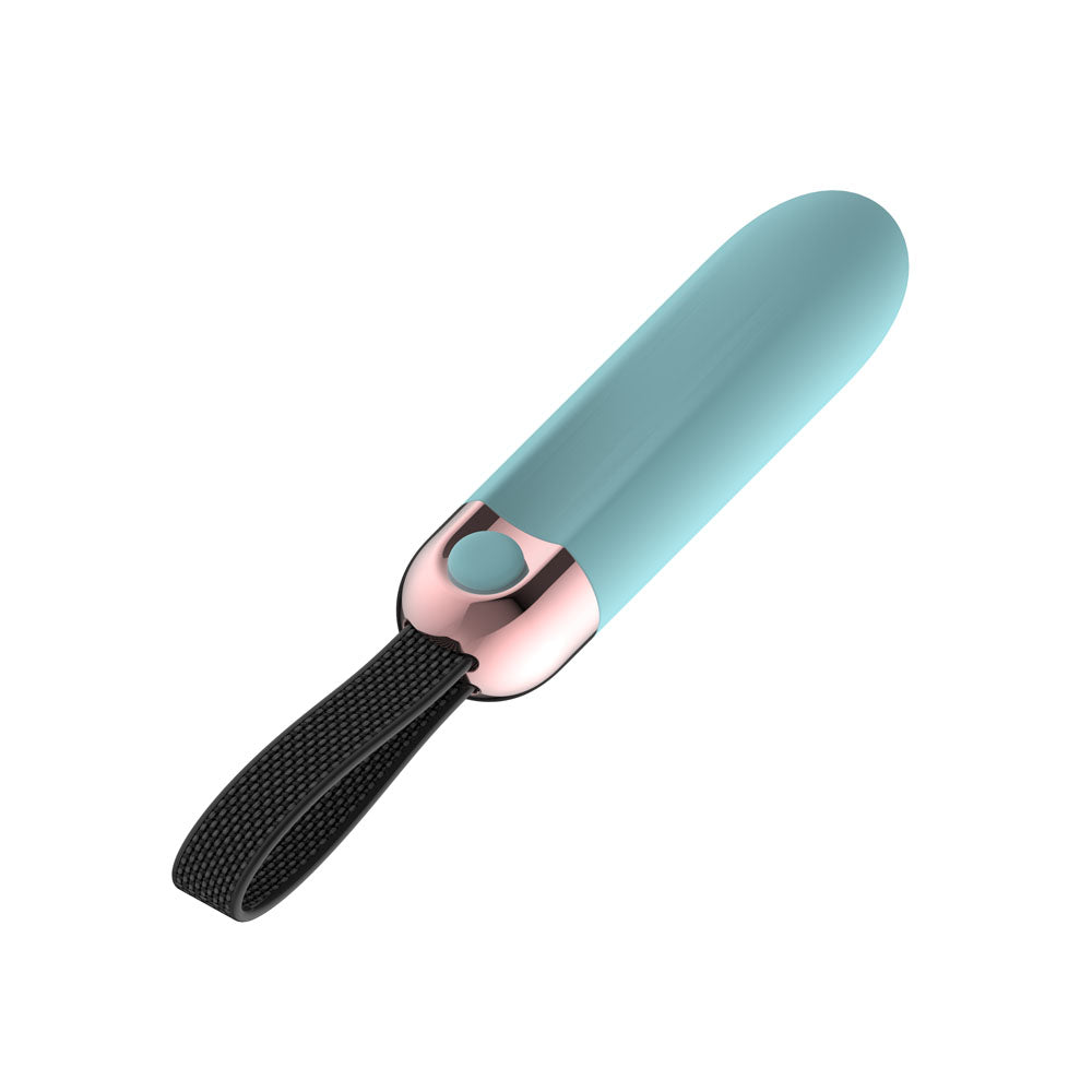 Passion Play Vibrating Bullet in Blue lying diagonally, strap looping to the lower left