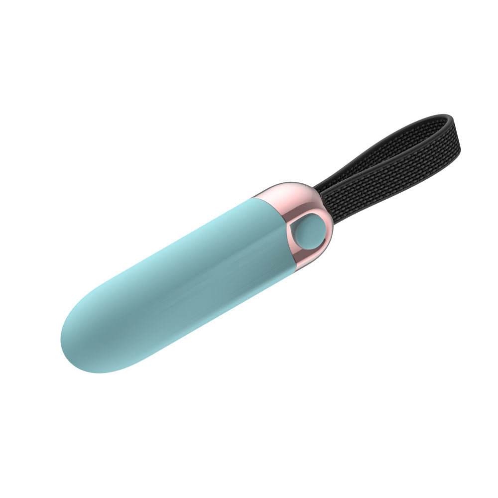 Passion Play Vibrating Bullet in Blue lying tip down to the left, strap to the upper right