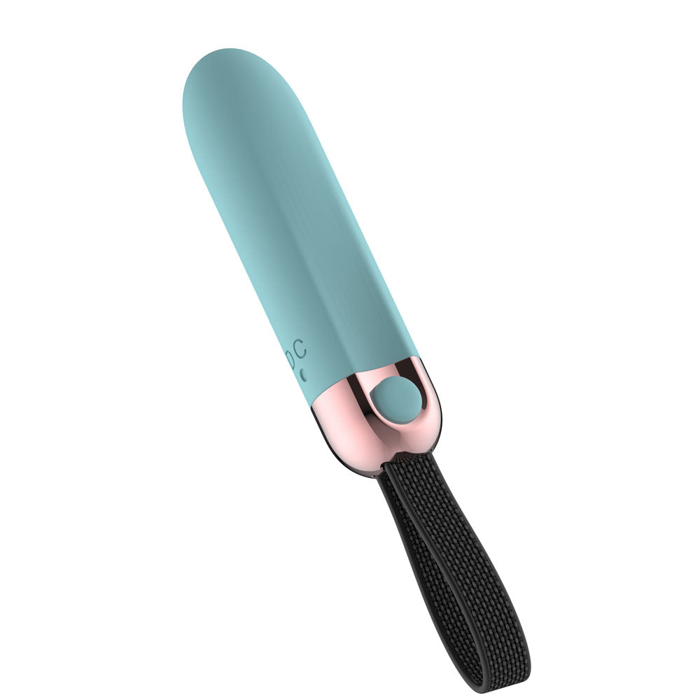 Passion Play Vibrating Bullet in Blue angled tip up, USB-C mark beside the rose gold collar