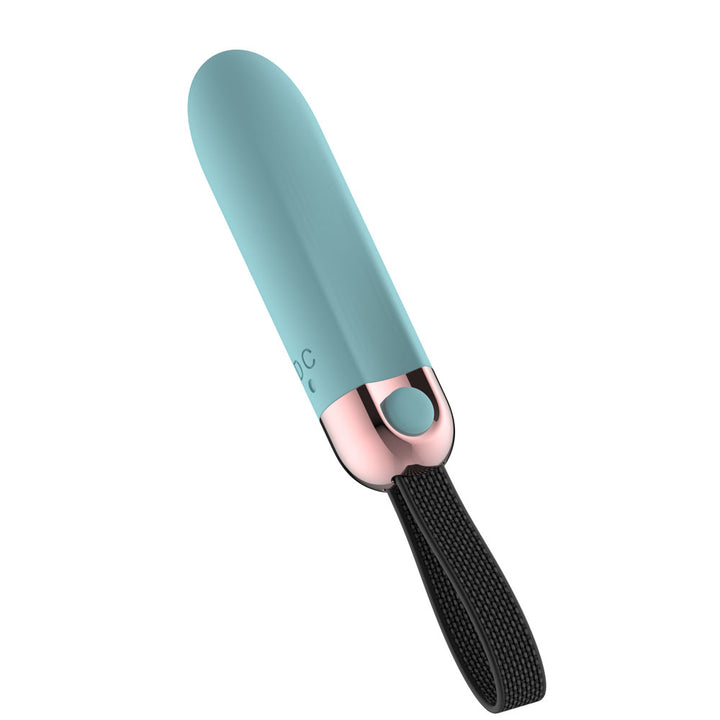 Passion Play Vibrating Bullet in Blue angled tip up, USB-C mark beside the rose gold collar