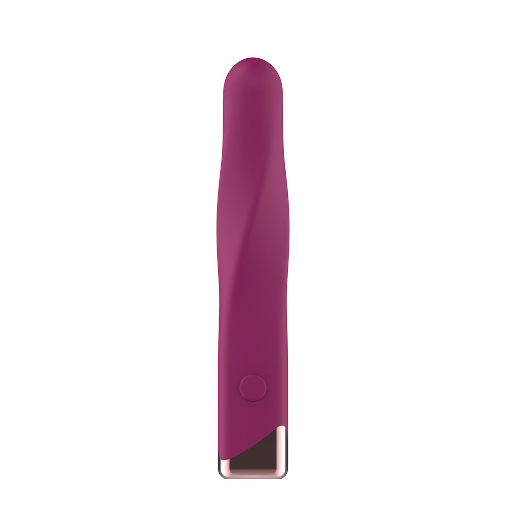 Passion Play Rechargeable Vibrating Bullet in Purple upright, button on the twisted front face