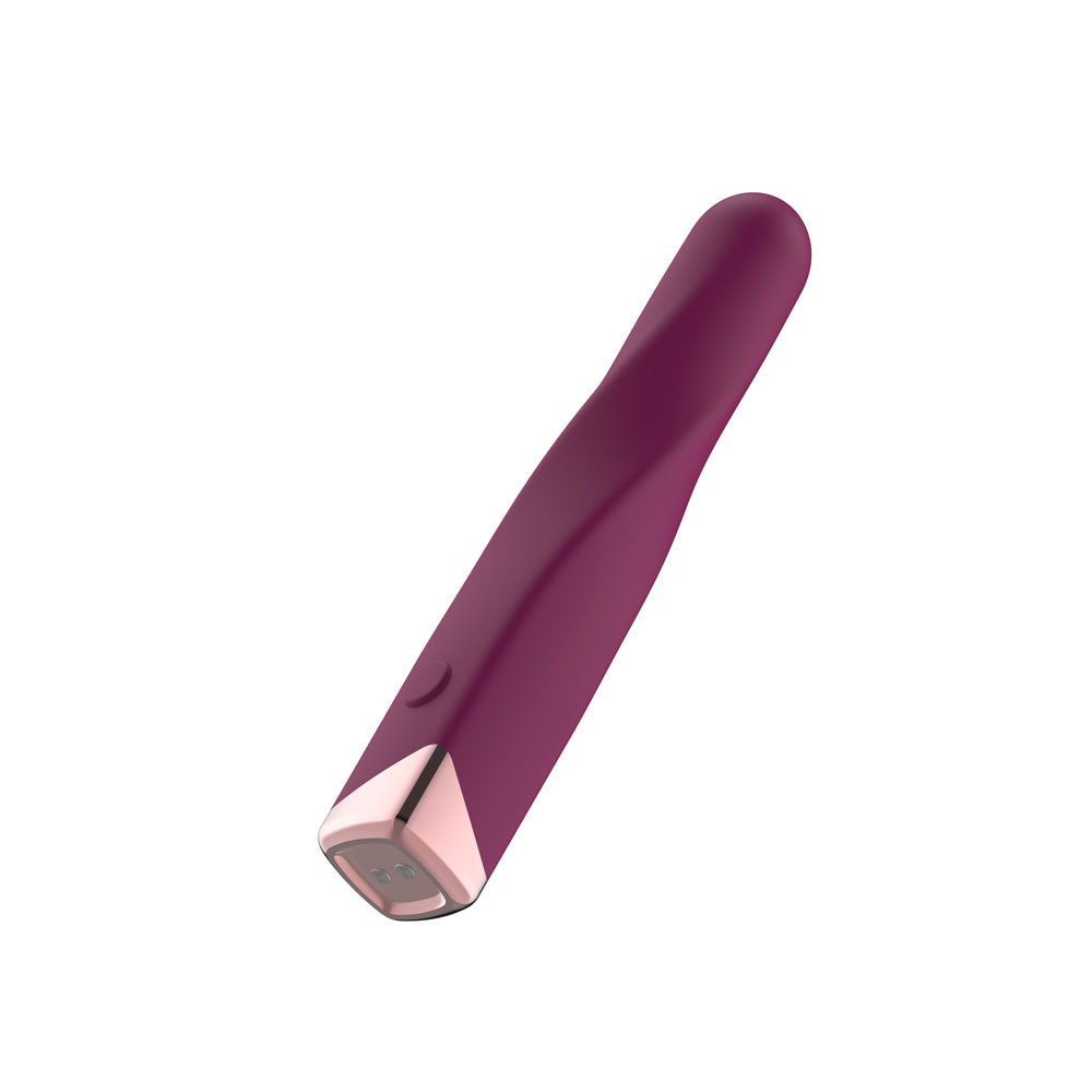 Passion Play Rechargeable Vibrating Bullet in Purple angled tip up, rose gold base lower left