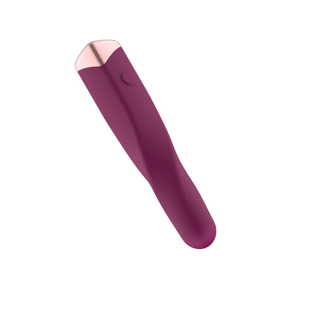 Passion Play Rechargeable Vibrating Bullet in Purple angled tip down, rose gold base uppermost