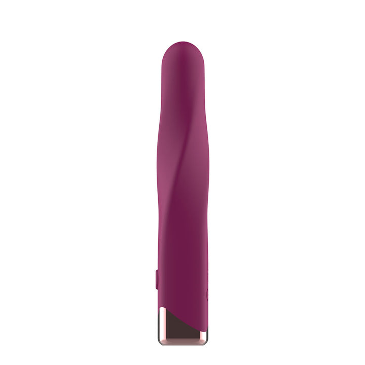 Passion Play Rechargeable Vibrating Bullet in Purple upright from the back, charging contacts shown