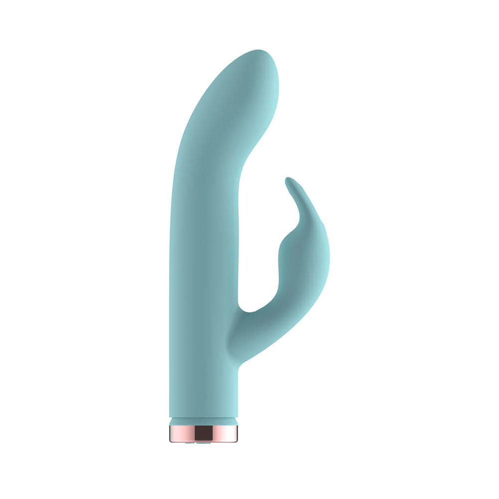 Passion Play Silicone Rabbit Vibrator in Blue upright, curved shaft and short clitoral arm