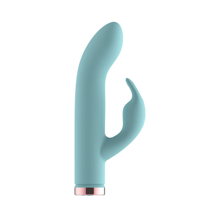 Passion Play Silicone Rabbit Vibrator in Blue upright, curved shaft and short clitoral arm