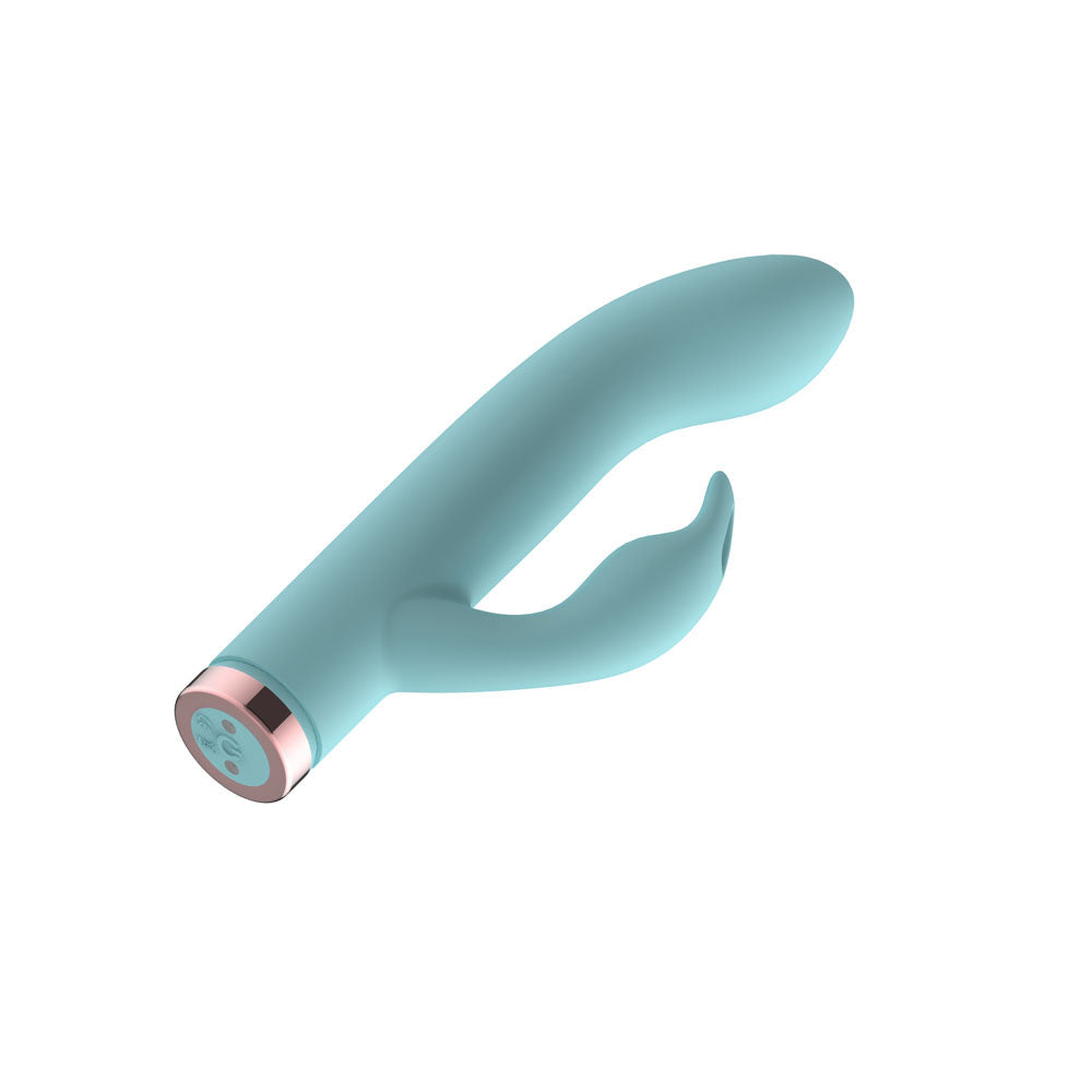 Passion Play Silicone Rabbit Vibrator in Blue lying diagonally, rose gold base at lower left