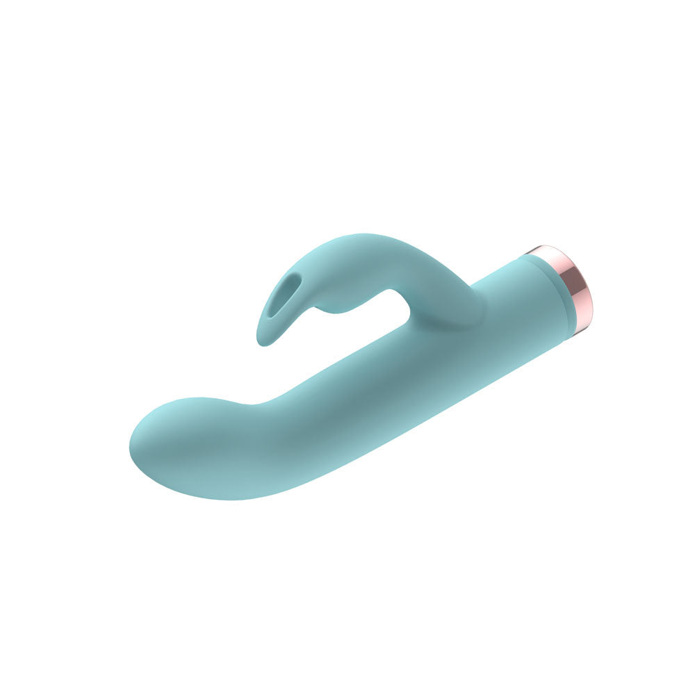 Passion Play Silicone Rabbit Vibrator in Blue horizontal, rabbit arm pointing up