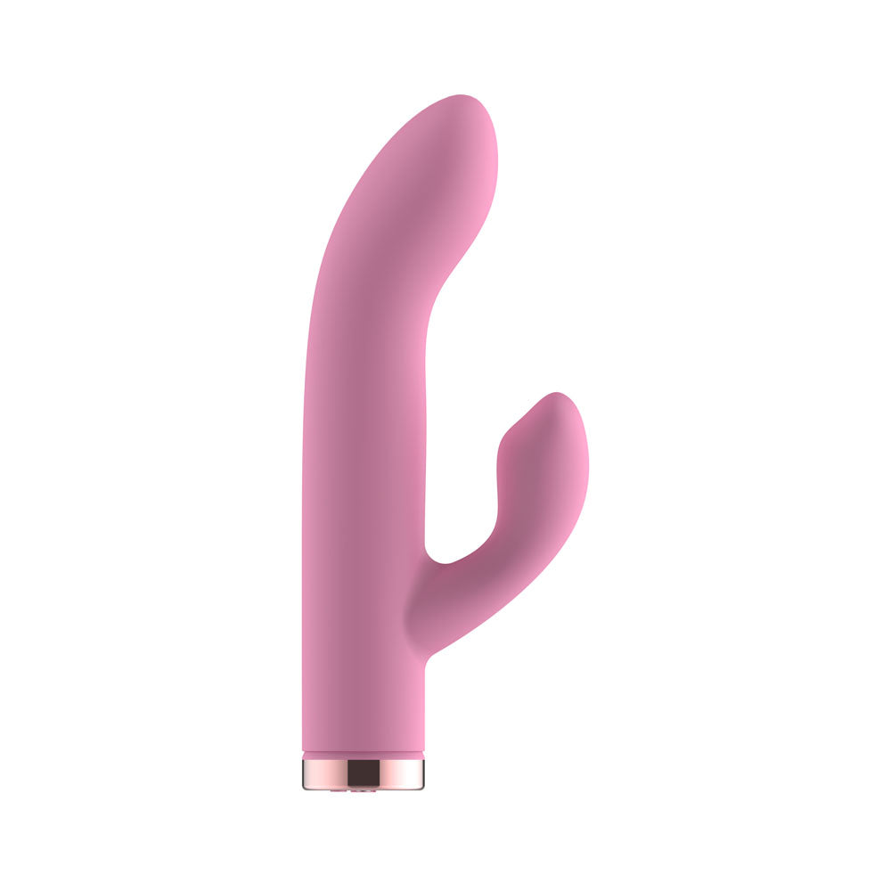 Passion Play Silicone Rabbit Vibrator in Pink upright, clitoral arm to the right