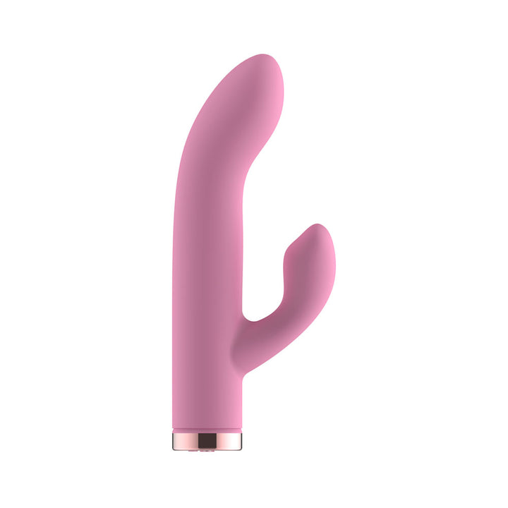 Passion Play Silicone Rabbit Vibrator in Pink upright, clitoral arm to the right