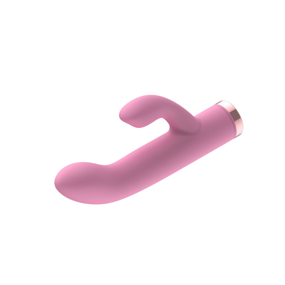 Passion Play Silicone Rabbit Vibrator in Pink horizontal, rabbit arm uppermost