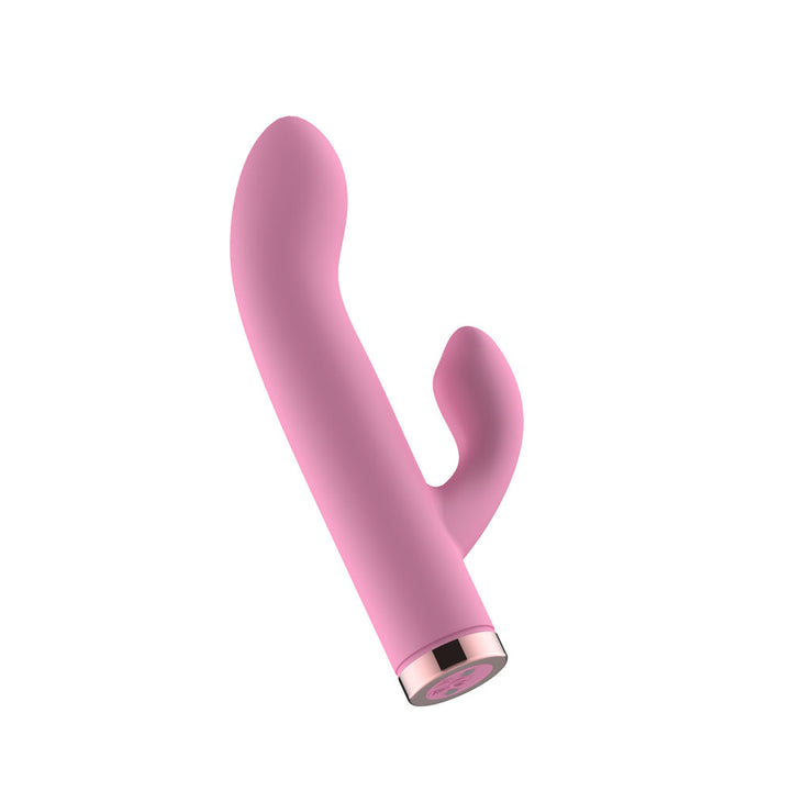 Passion Play Silicone Rabbit Vibrator in Pink angled tip up, rose gold base at the bottom