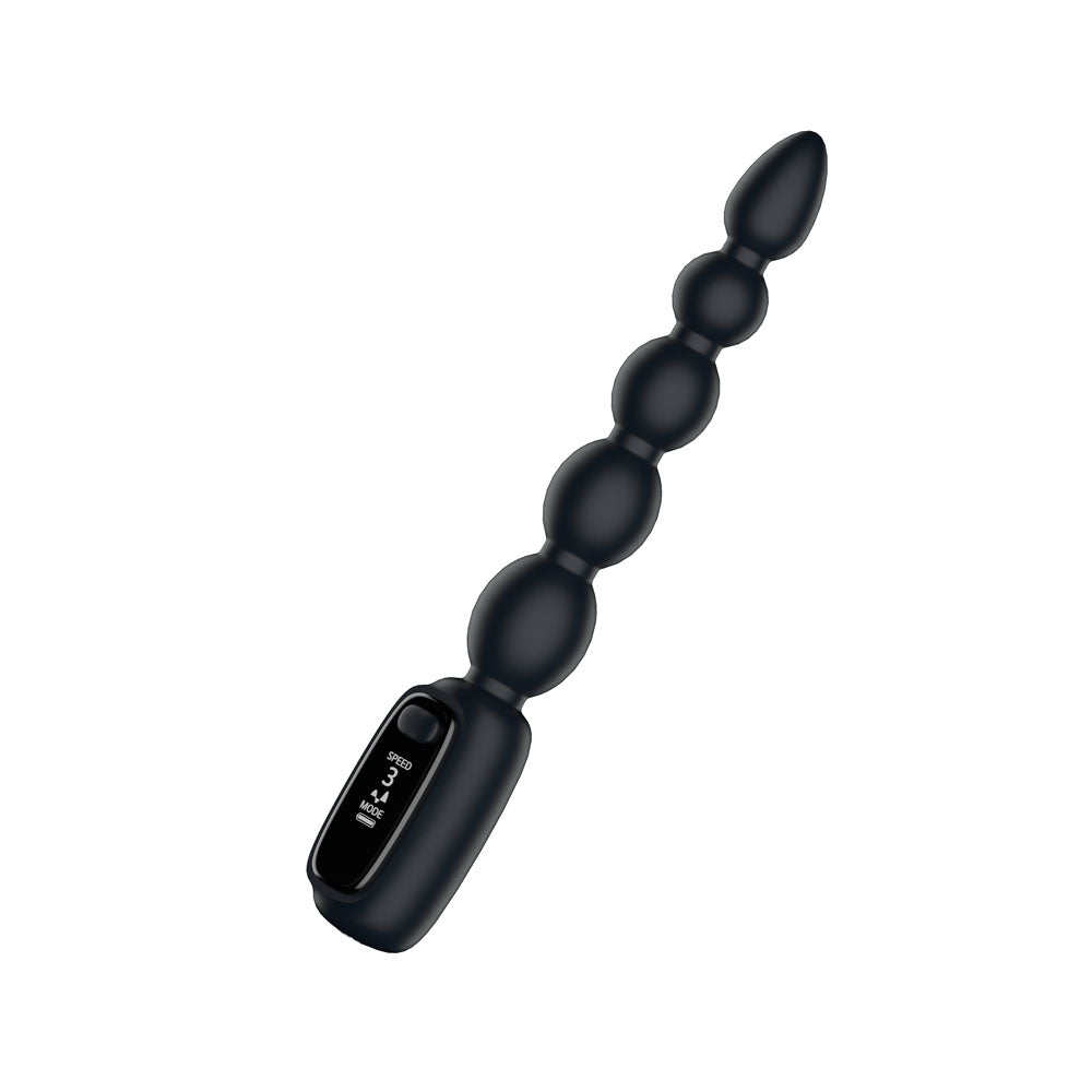 Passion Play Vibrating Anal Beads in Black angled up, LED screen dark on the handle