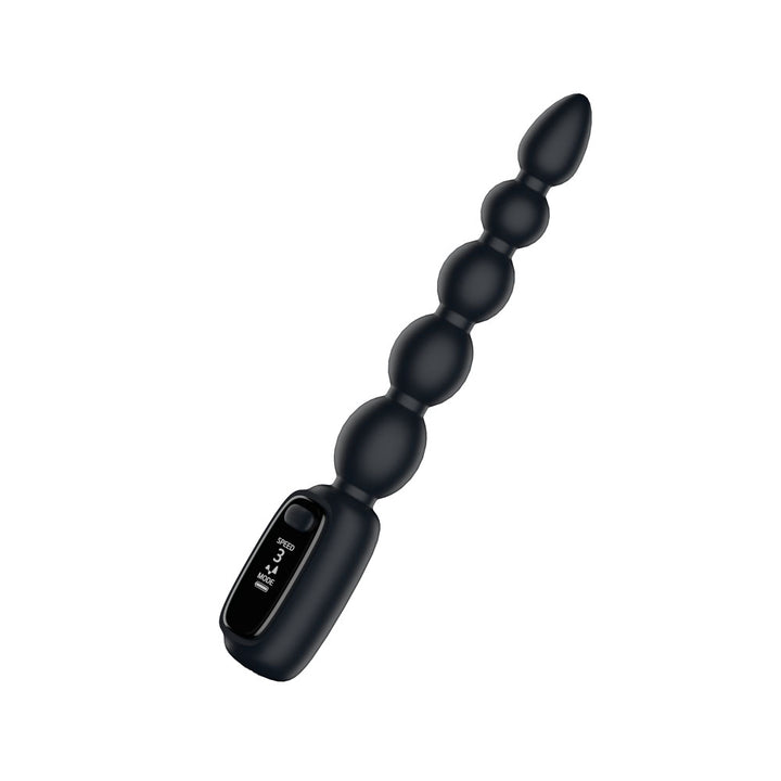 Passion Play Vibrating Anal Beads in Black angled up, LED screen dark on the handle