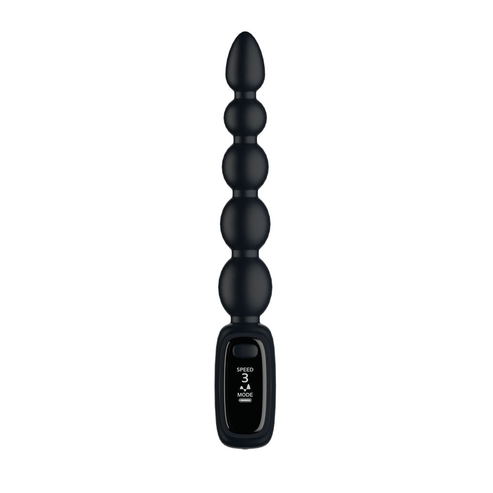 Passion Play Vibrating Anal Beads in Black upright, LED screen reading Speed 3