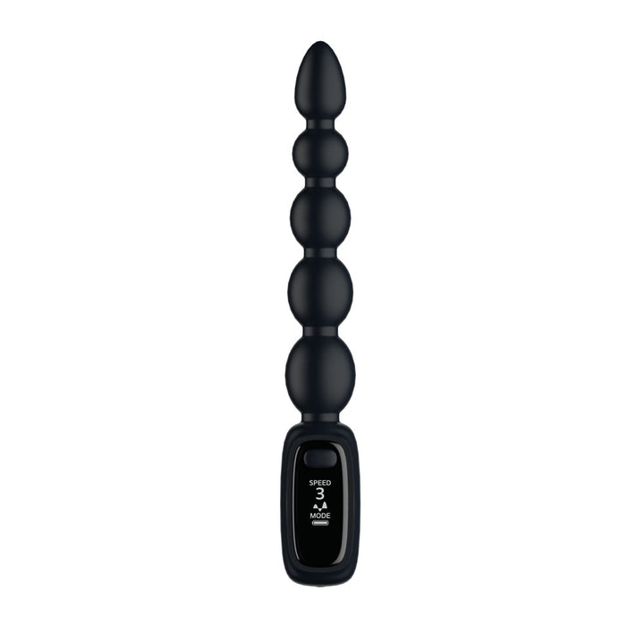 Passion Play Vibrating Anal Beads in Black upright, LED screen reading Speed 3