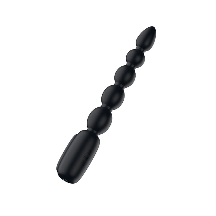 Passion Play Vibrating Anal Beads in Black angled with the handle at the lower left