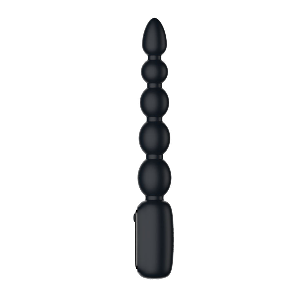 Passion Play Vibrating Anal Beads in Black standing vertically, tapered tip at the top