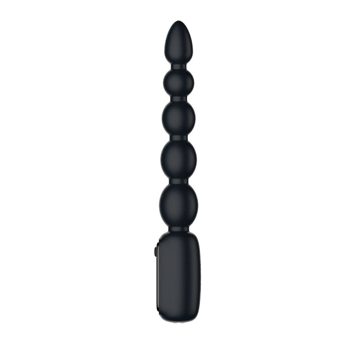 Passion Play Vibrating Anal Beads in Black standing vertically, tapered tip at the top