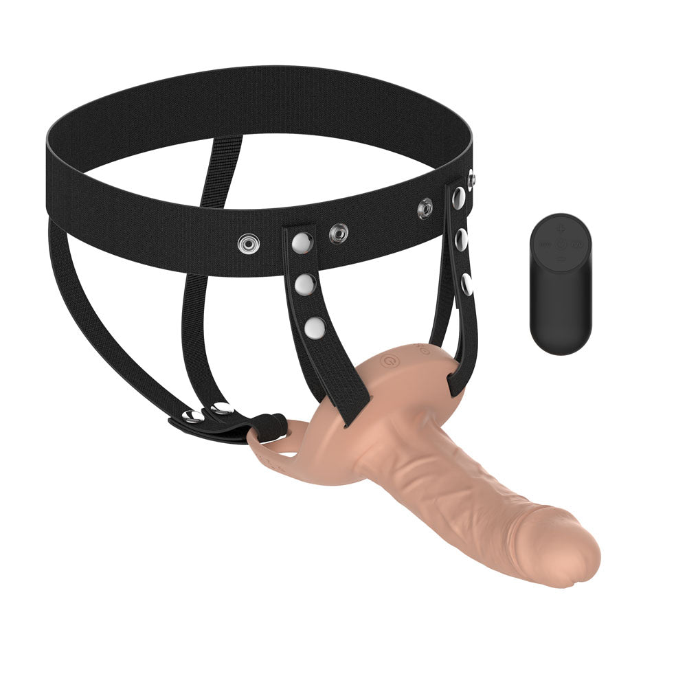 Passion Play Realistic Hollow Strap-On in Flesh, veined sleeve fitted in its black harness