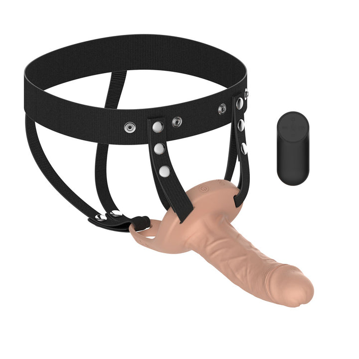 Passion Play Realistic Hollow Strap-On in Flesh, veined sleeve fitted in its black harness