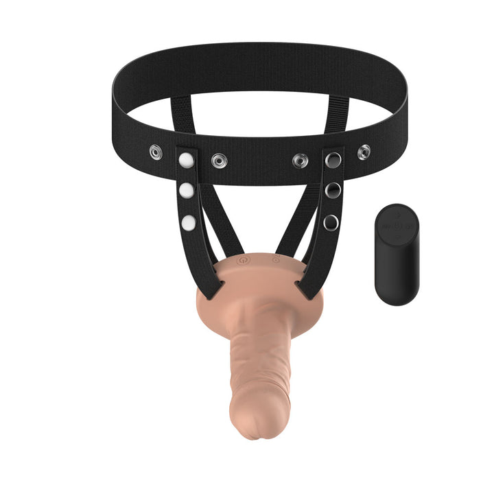 Passion Play Realistic Hollow Strap-On in Flesh seen front on, sleeve pointing down