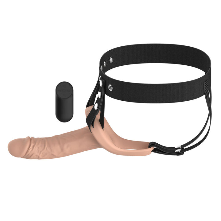 Passion Play Realistic Hollow Strap-On in Flesh side on, showing the open harness waistband