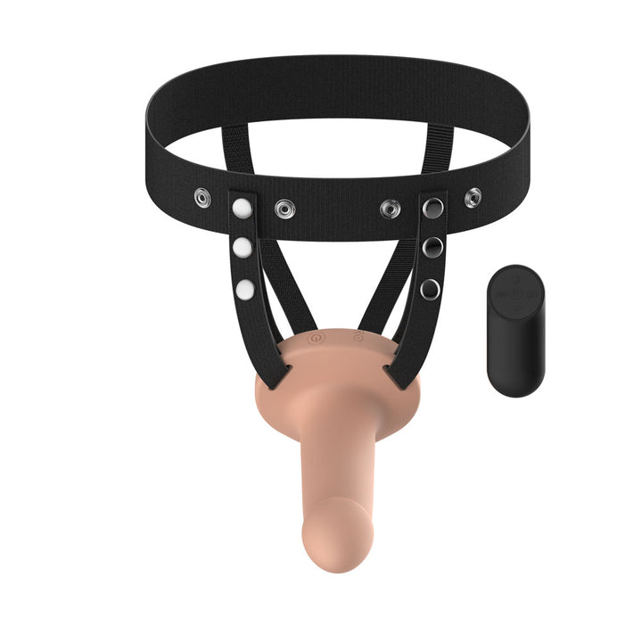 Passion Play Smooth Hollow Strap-On in Flesh front on, sleeve hanging down, remote at right