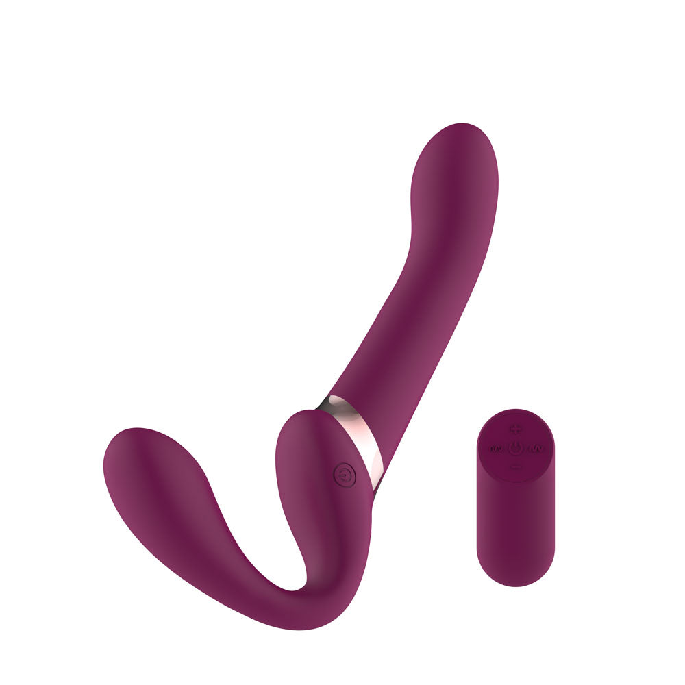 Passion Play Strap-less Dildo in Purple, angled view with its oval remote