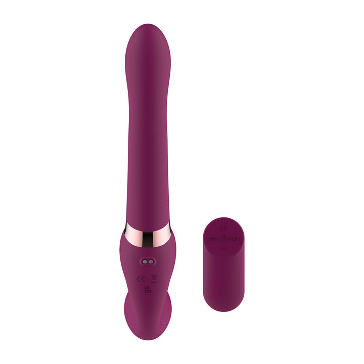 Passion Play Strap-less Dildo in Purple end on, control buttons on the rose gold band
