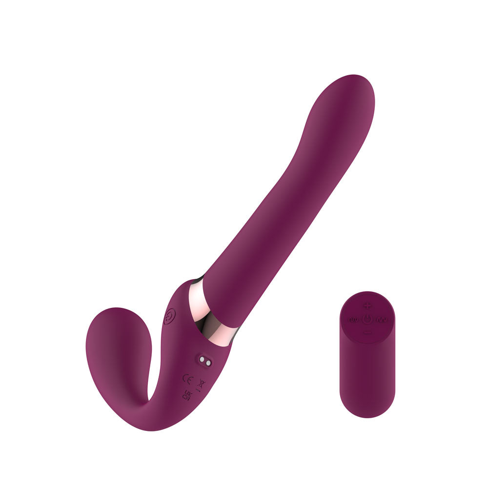 Passion Play Strap-less Dildo in Purple tilted forward, LED dots and CE marks visible