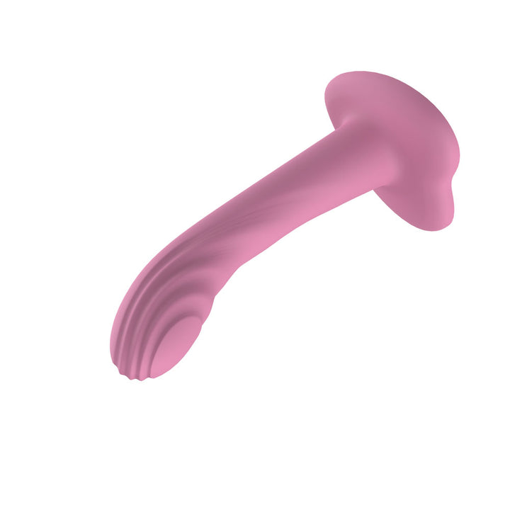 Passion Play Textured Dildo in Pink tipped down, underside of the suction cup in view