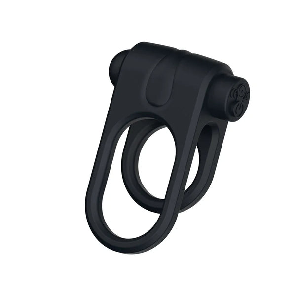 Passion Play Vibrating Cock and Balls Ring in Black, twin rings with a bullet motor on top