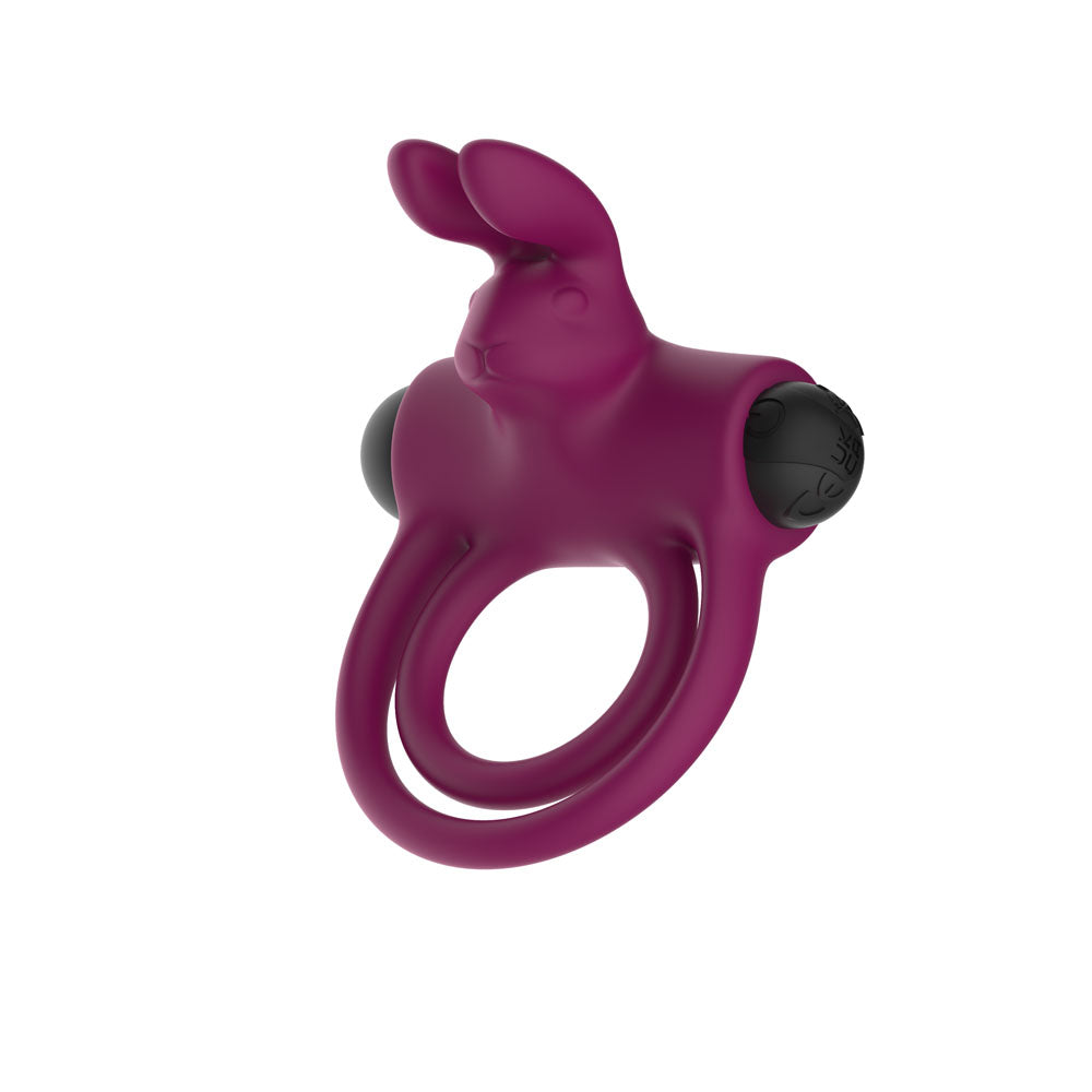 Passion Play Silicone Rabbit Vibrating Cockring in Purple, bunny head above a double ring