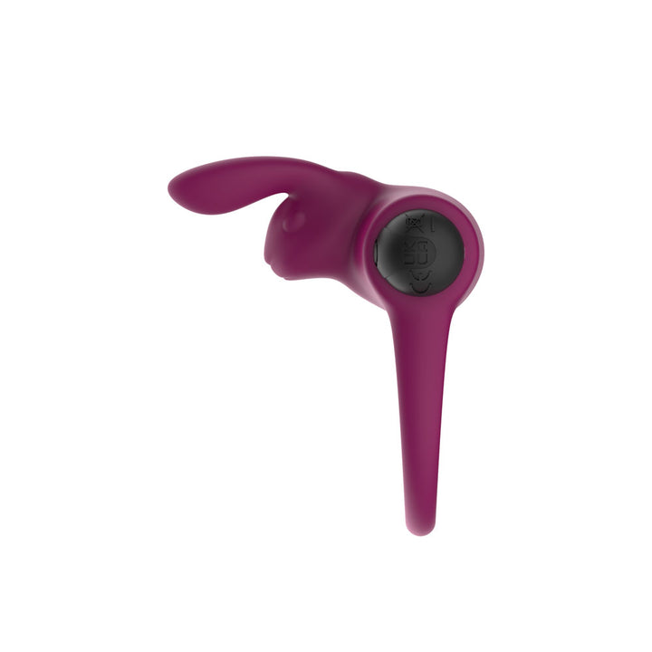 Passion Play Rabbit Vibrating Cockring in Purple side on, ears forward and ring hanging below