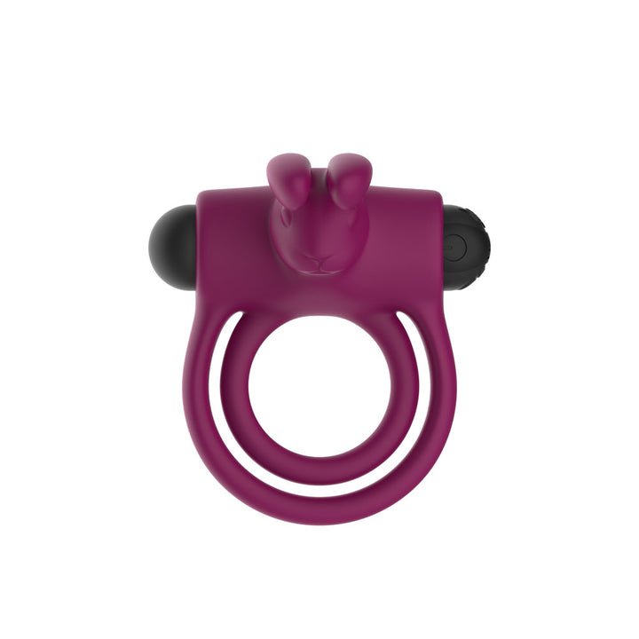 Passion Play Rabbit Vibrating Cockring in Purple face on, showing both stretch rings