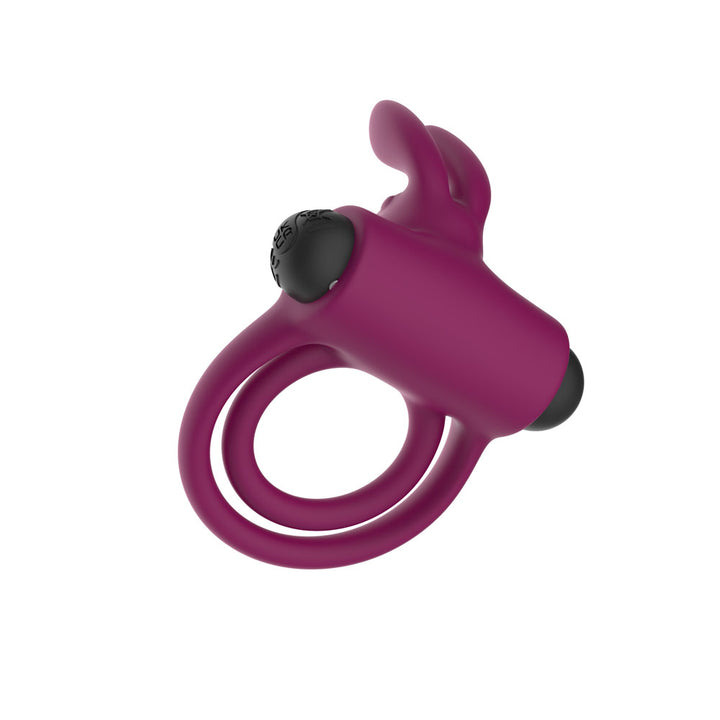 Passion Play Rabbit Vibrating Cockring in Purple from above, black bullet at the left