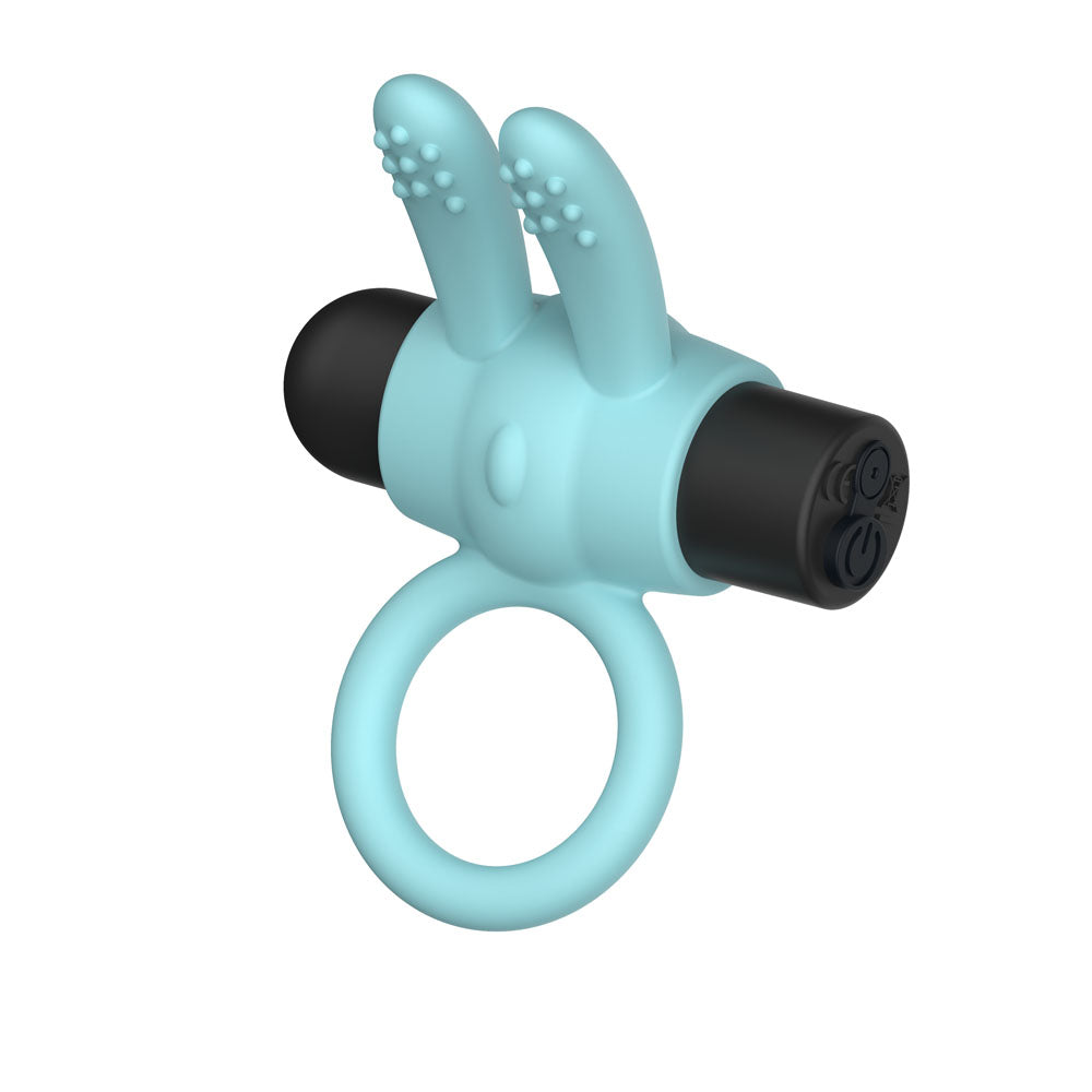 Passion Play Silicone Rabbit Vibrating Cockring in Blue, angled with its black bullet motor