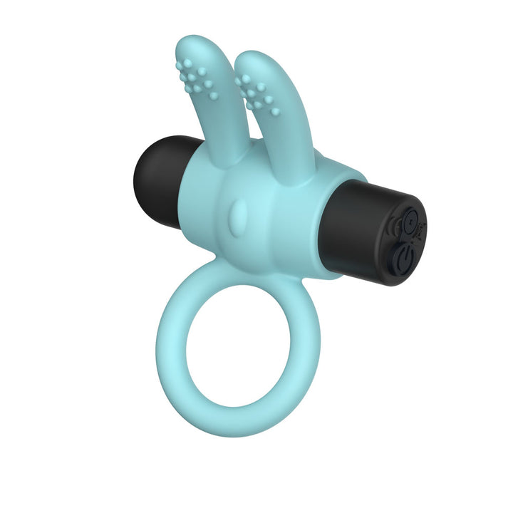 Passion Play Silicone Rabbit Vibrating Cockring in Blue, angled with its black bullet motor
