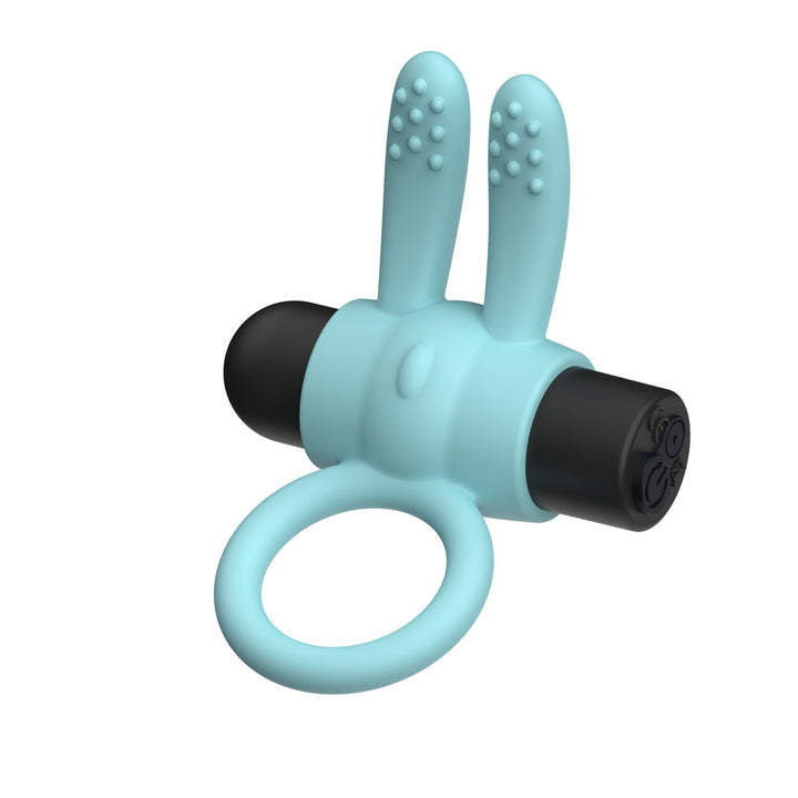 Passion Play Rabbit Vibrating Cockring in Blue turned to show the bullet's control end