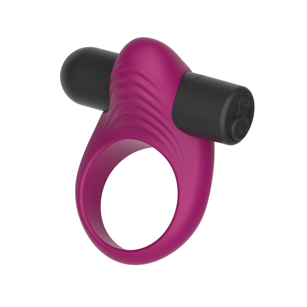 Passion Play Vibrating Cockring in Purple with its removable black bullet, ribbed pad on top