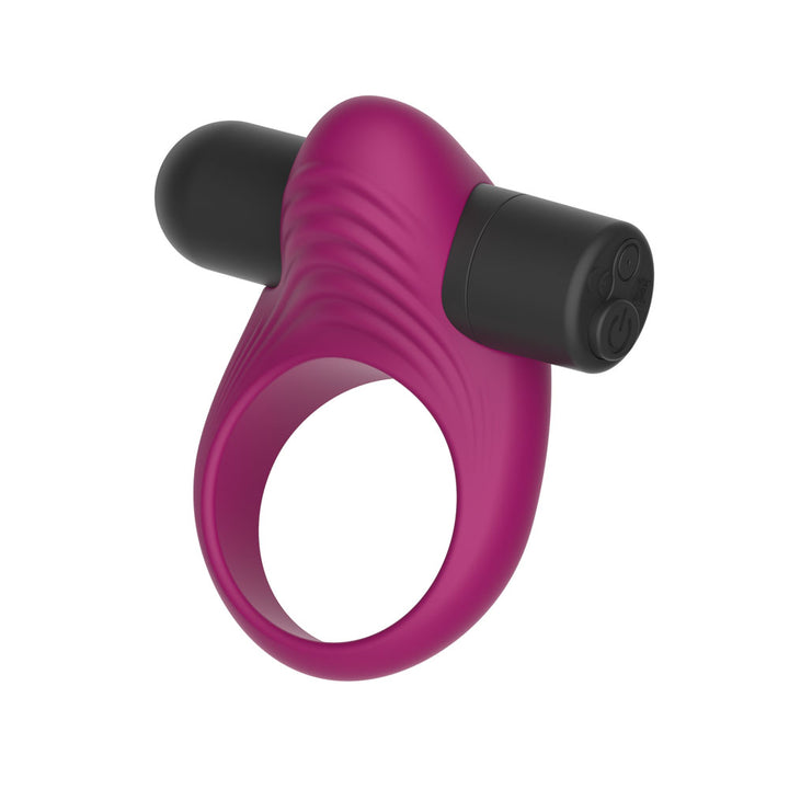 Passion Play Vibrating Cockring in Purple with its removable black bullet, ribbed pad on top