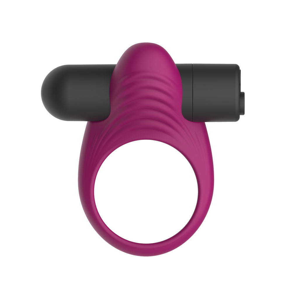 Passion Play Vibrating Cockring in Purple face on, black bullet lying across the ribbed pad