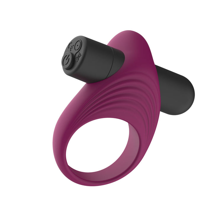 Passion Play Vibrating Cockring in Purple angled to show the bullet's plus, minus and power keys