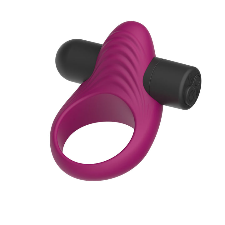 Passion Play Vibrating Cockring in Purple from above, bullet seated in the ribbed pad
