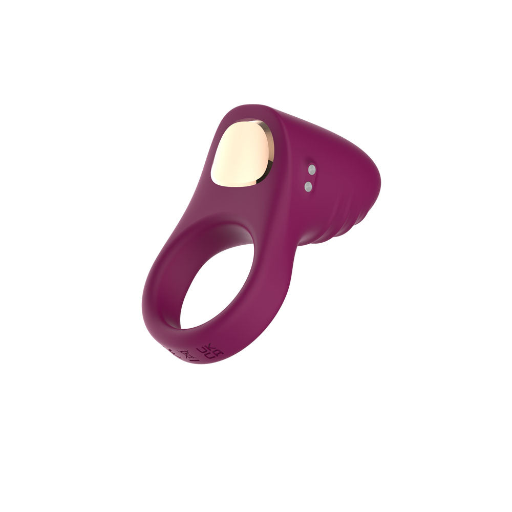 Passion Play Vibrating Cockring in Purple angled, rose gold plate and LED dots in view