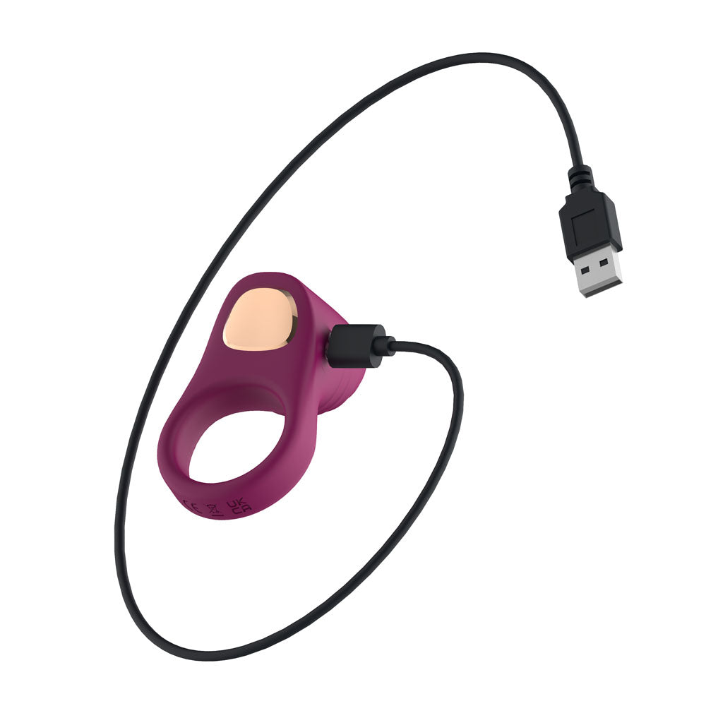 Passion Play Vibrating Cockring in Purple with its USB charging cable attached
